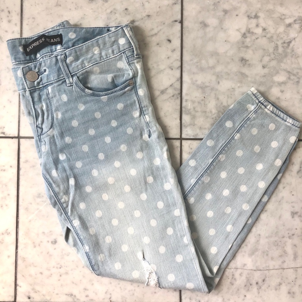 Express Polka Dot Stretch Ripped Denim Legging